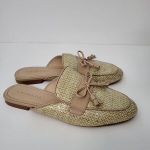 COACH Stassi Raffia Mules Womens 8 Neutral Gold Weave Slip On Tassle Flats